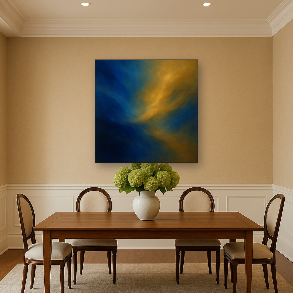 Lapis Lazuli & Golden Ochre Luminous Field No. 4 Oil Painting Staged Above Dining Room Credenza, Elegant Hand Painted Oil Art for Dining Room Walls