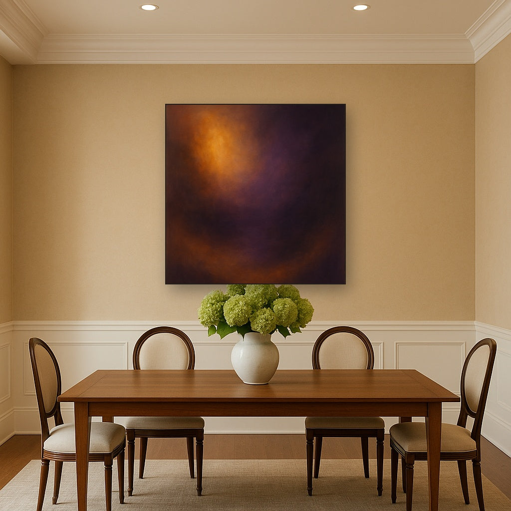 Burnt Amber & Velvet Amethyst Atmosphere No. 11 Oil Painting Staged Above Dining Room Credenza, Elegant Hand Painted Oil Art for Dining Room Walls