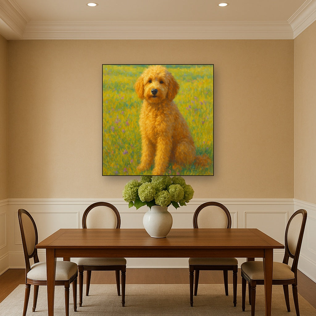 Fluffy Goldendoodle in Sun-Drenched Meadow No. 12 Fine Art Oil Painting - View 4