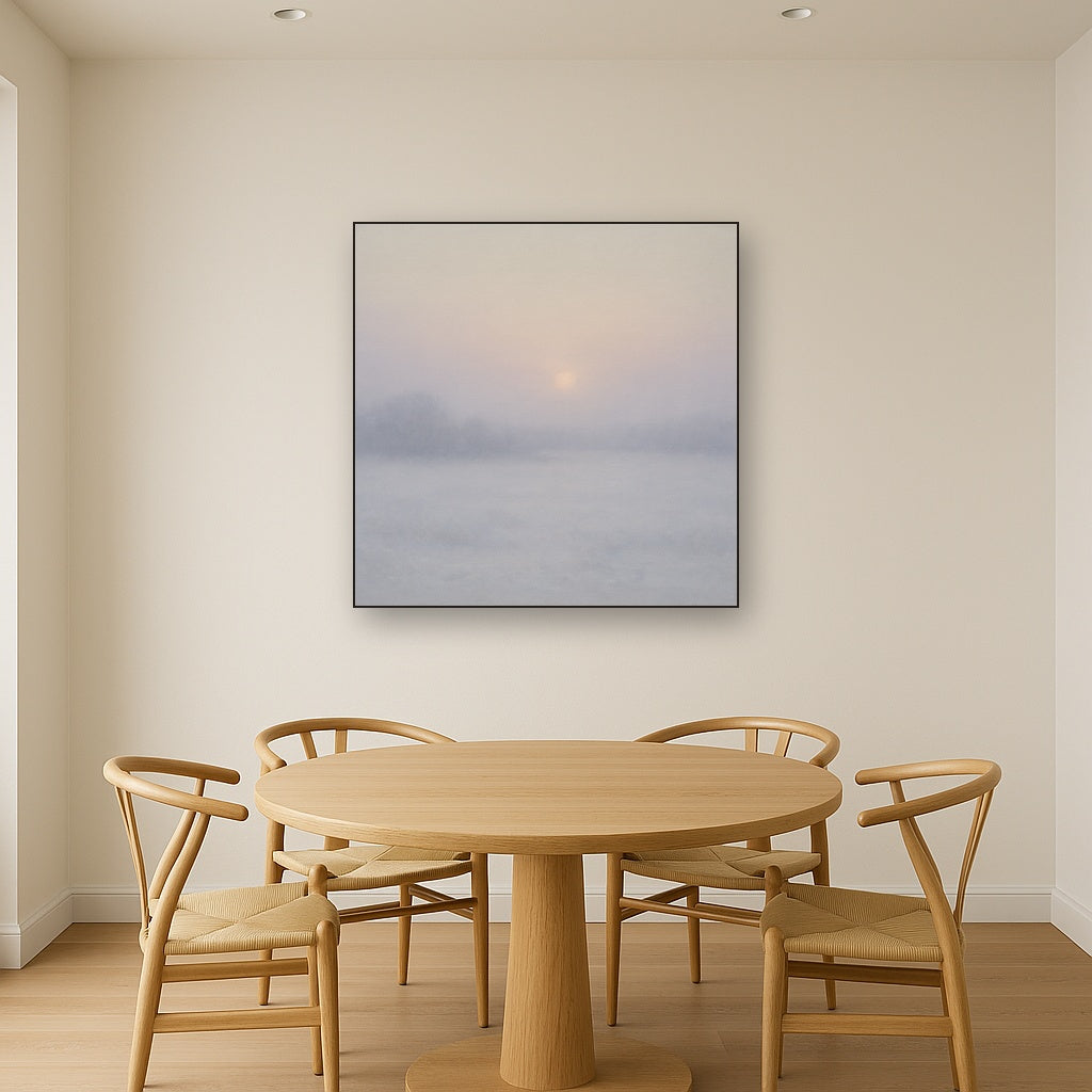 Winter Dawn Frost & Pale Silver Light No. 5 Oil Painting Staged Above Dining Room Credenza, Elegant Hand Painted Oil Art for Dining Room Walls