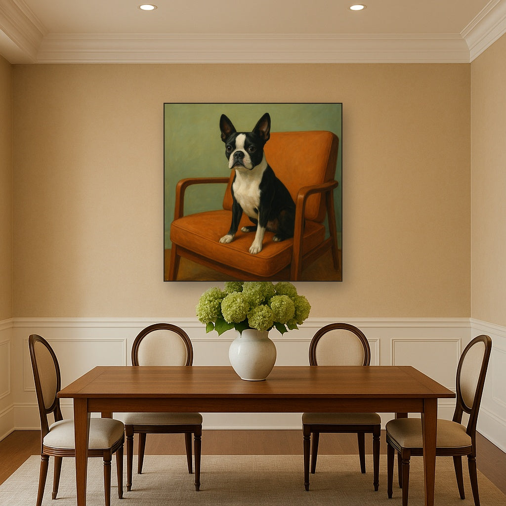 Boston Terrier in Warm Mid-Century Armchair No. 13 Fine Art Oil Painting - View 4