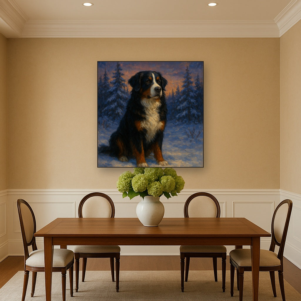 Bernese Mountain Dog in Winter Snowscape No. 2 Fine Art Oil Painting - View 4
