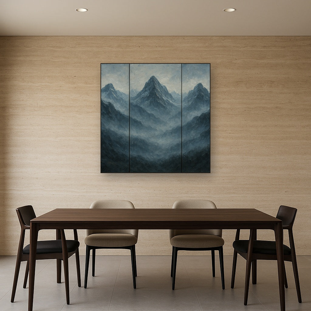 Alpine Mist Triptych Masterpiece Oil Painting - Styled in Elegant Dining Room