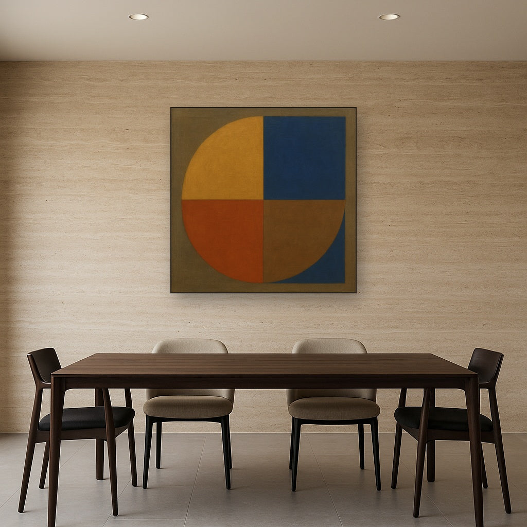 Bauhaus Quadrant Harmony in Primary Earth Tones No. 22 Oil Painting Staged Above Dining Room Credenza, Elegant Hand Painted Oil Art for Dining Room Walls