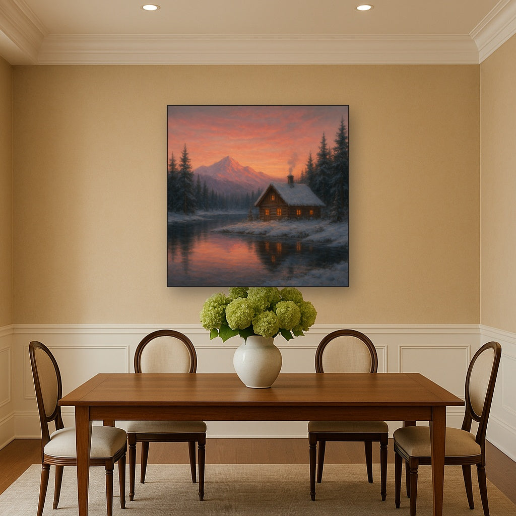 Winter Solstice Mountain Cabin Reflection Oil Painting - View 4