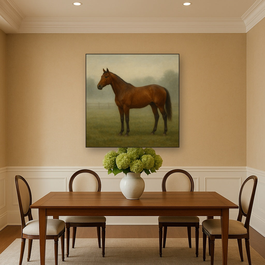 Thoroughbred in Morning Pasture Mist No. 12 Oil Painting - View 4