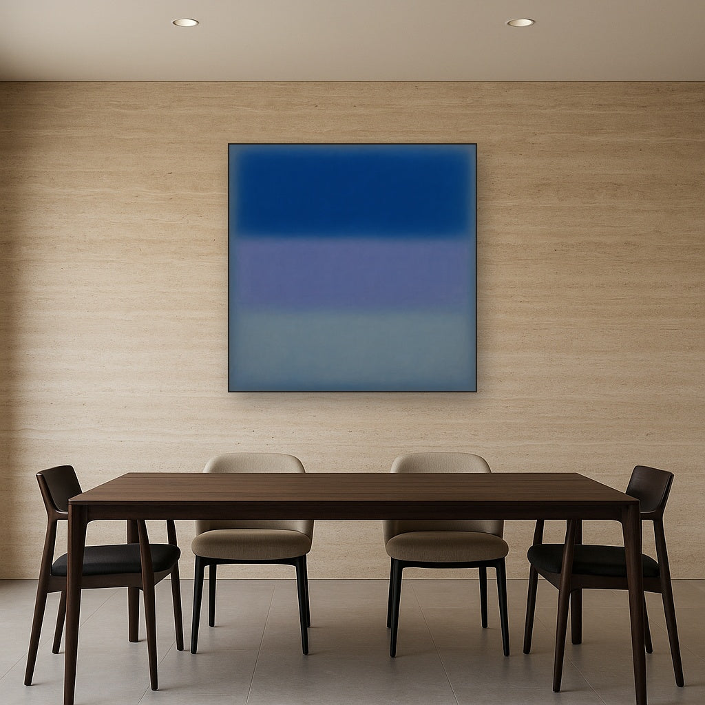 Cobalt Azure & Twilight Lavender Immersion No. 8 Oil Painting Staged Above Dining Room Credenza, Elegant Hand Painted Oil Art for Dining Room Walls