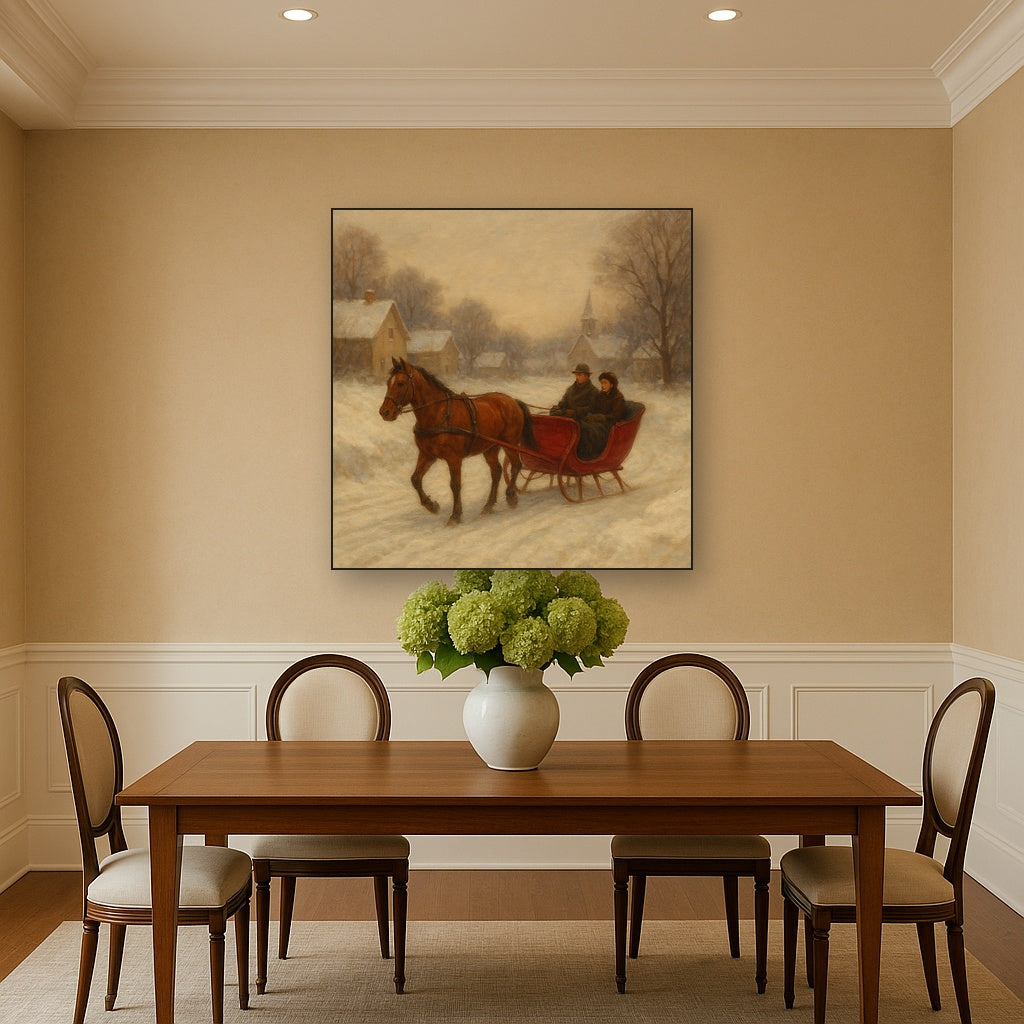 Horse-Drawn Sleigh on Village Snow Road No. 8 Oil Painting - View 4