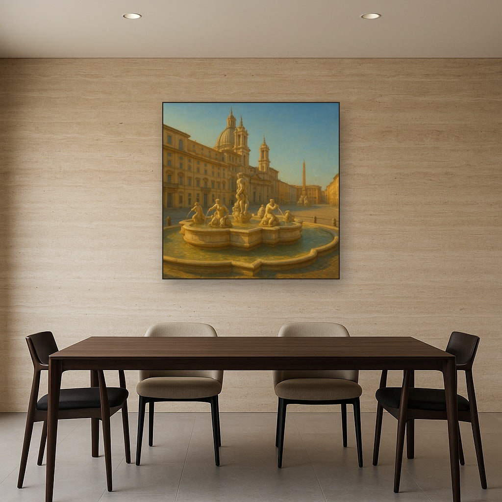 Rome Piazza Fountain in Morning Sunlight No. 28 Oil Painting Staged Above Dining Room Credenza, Elegant Hand Painted Oil Art for Dining Room Walls