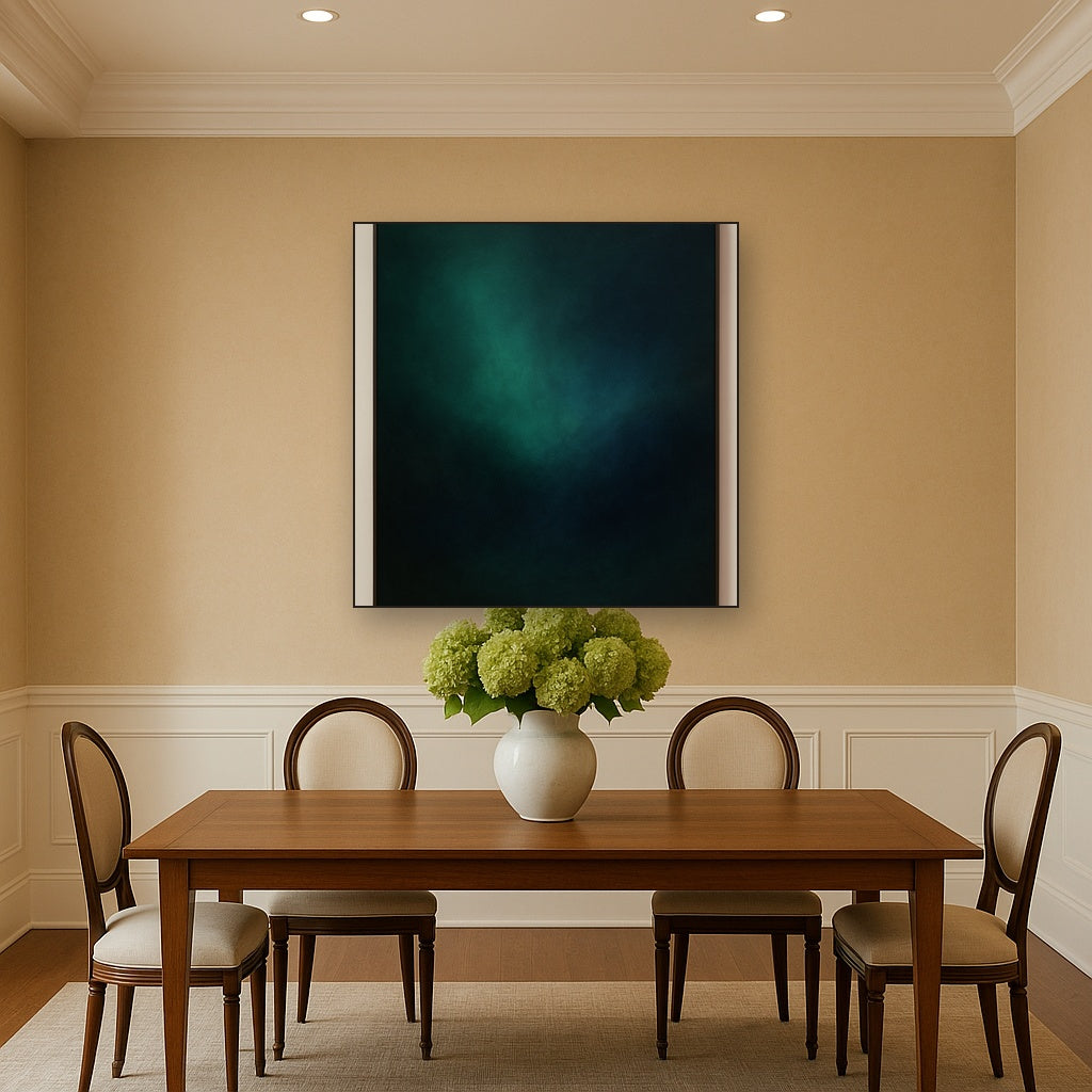 Emerald & Midnight Sapphire Sfumato Immersion No. 17 Oil Painting Staged Above Dining Room Credenza, Elegant Hand Painted Oil Art for Dining Room Walls