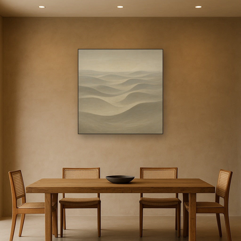 Monochrome Sand Dune Contours & Pale Slate No. 19 Oil Painting Staged Above Dining Room Credenza, Elegant Hand Painted Oil Art for Dining Room Walls