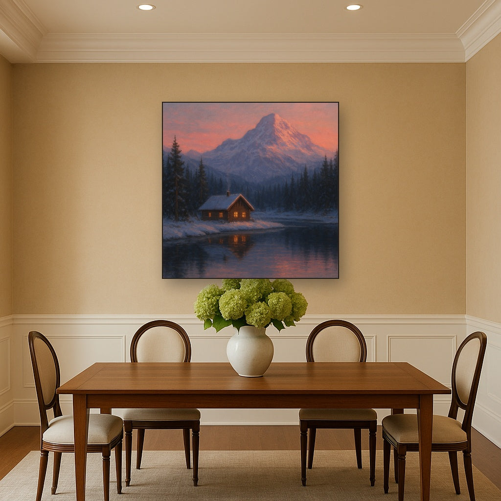 Winter Solstice Mountain Cabin Reflection No. 6 Oil Painting - View 4