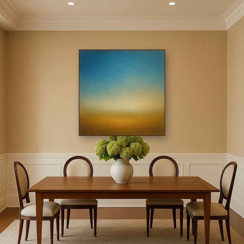 Celestial Azure & Warm Ochre Equilibrium No. 6 Oil Painting Staged Above Dining Room Credenza, Elegant Hand Painted Oil Art for Dining Room Walls