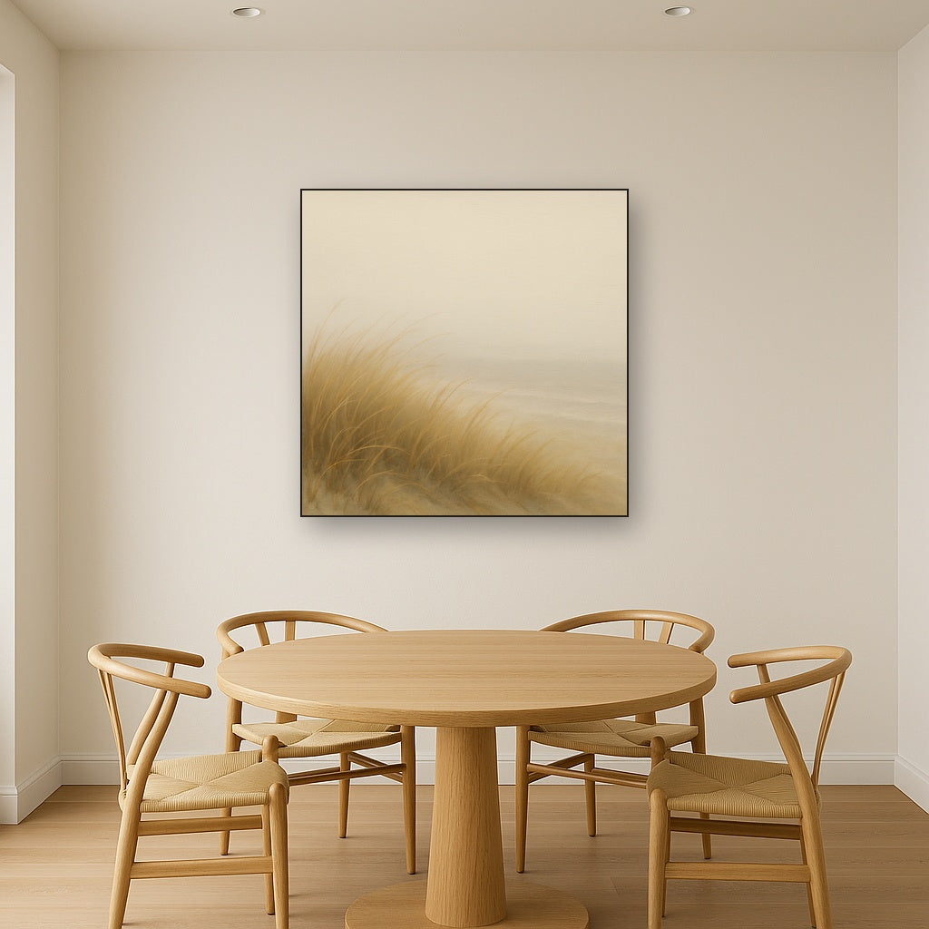 Silent Dune Grass in November Sea Fog No. 9 Oil Painting Staged Above Dining Room Credenza, Elegant Hand Painted Oil Art for Dining Room Walls