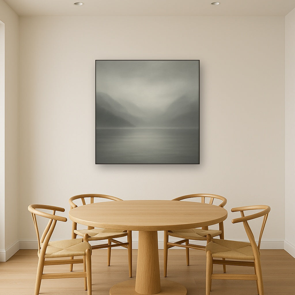 Misty Fjord Horizon in Monochromatic Slate No. 13 Oil Painting Staged Above Dining Room Credenza, Elegant Hand Painted Oil Art for Dining Room Walls