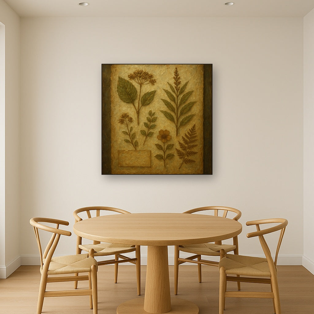 Antique Botanical Herbarium Study Oil Painting - Styled in Elegant Dining Room