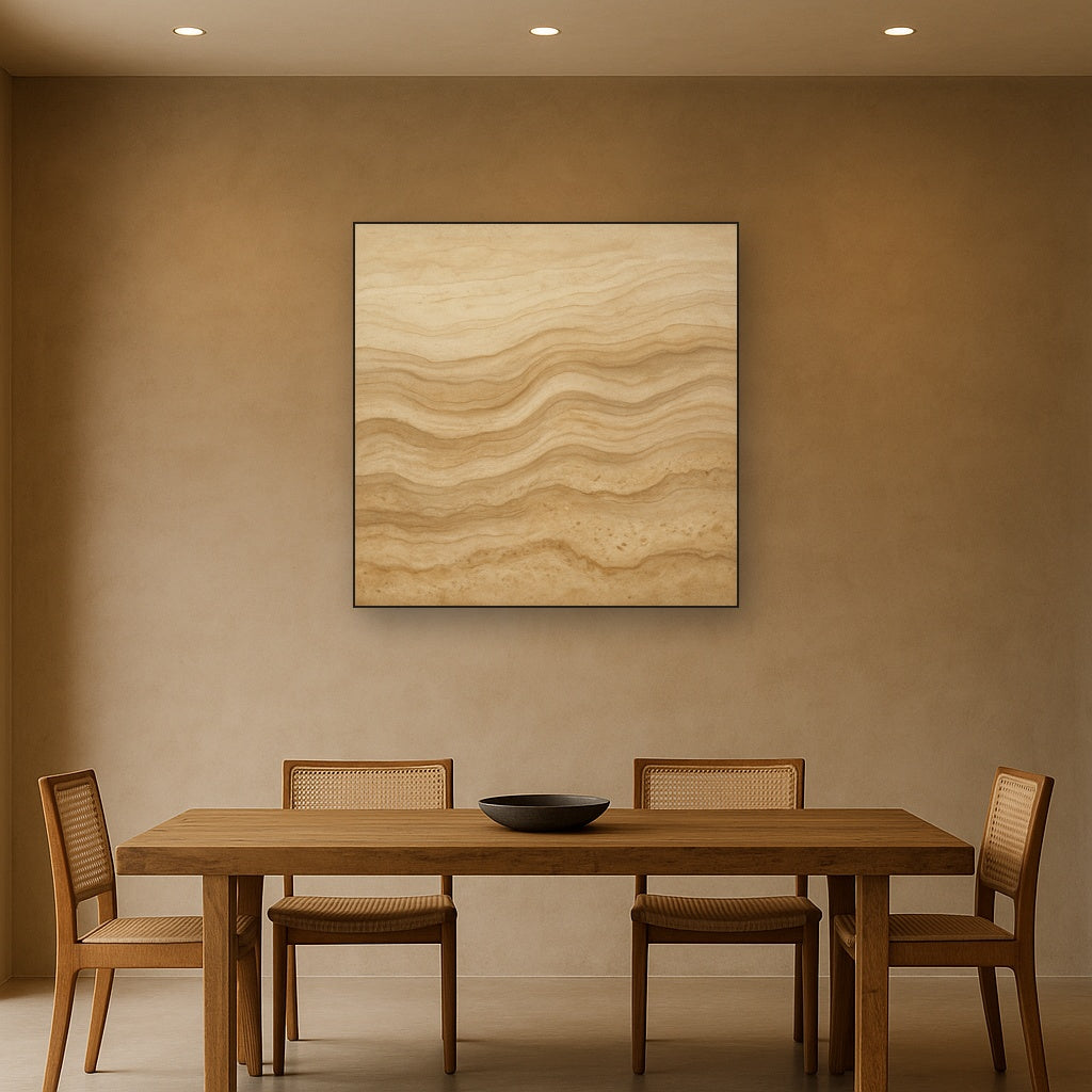 Weathered Mineral Sediments in Warm Ecru No. 10 Oil Painting Staged Above Dining Room Credenza, Elegant Hand Painted Oil Art for Dining Room Walls