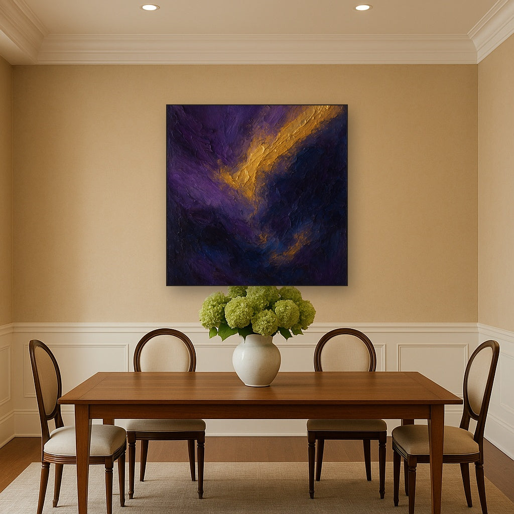 Amethyst Shadow & Celestial Gold No. 2 Oil Painting - Styled in Elegant Dining Room