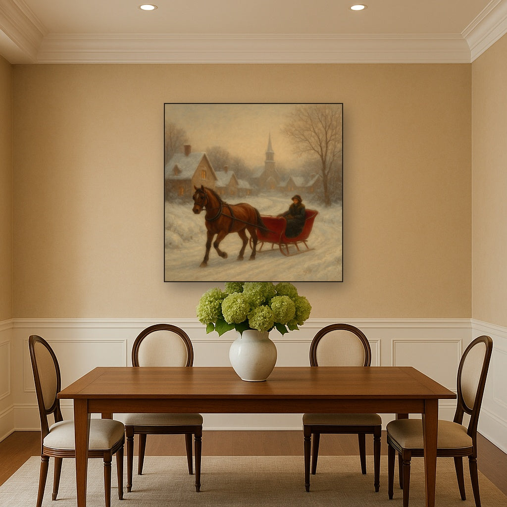 Horse-Drawn Sleigh on Village Snow Road No. 6 Oil Painting - View 4