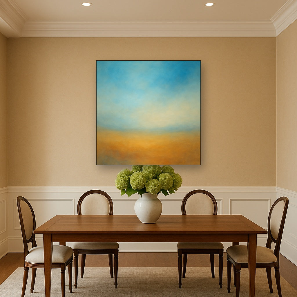 Celestial Azure & Warm Ochre Equilibrium No. 16 Oil Painting Staged Above Dining Room Credenza, Elegant Hand Painted Oil Art for Dining Room Walls