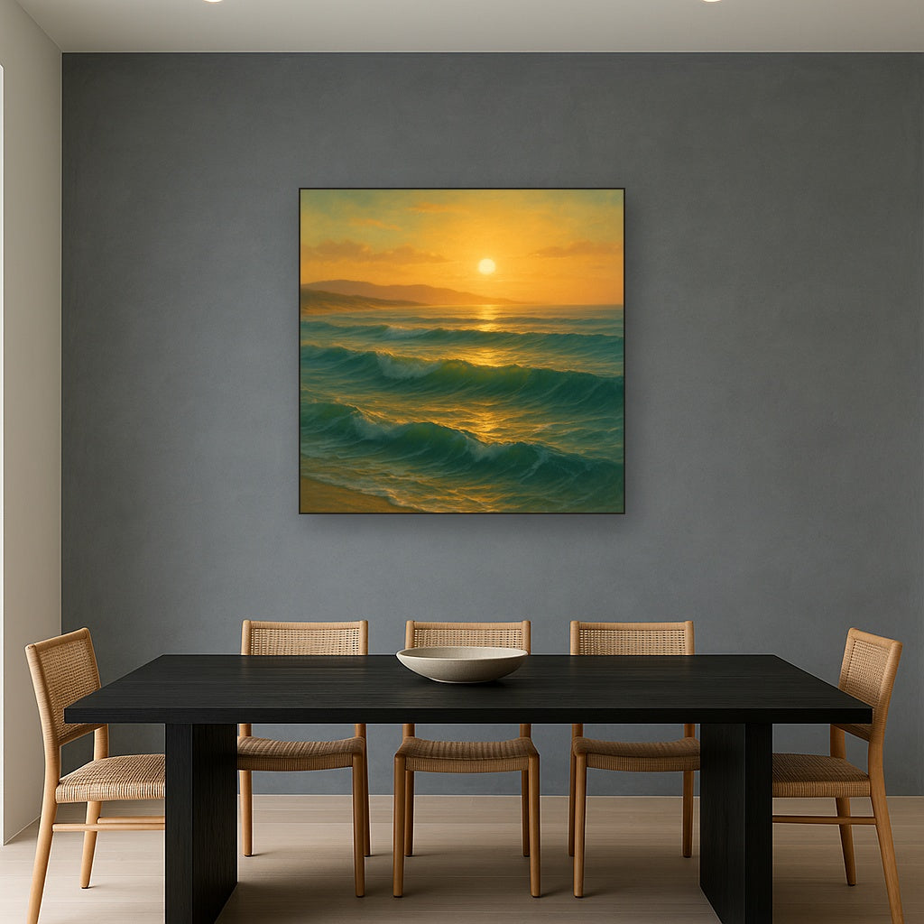 Golden Hour Sunlight on Ocean Swells No. 3 Oil Painting Staged Above Dining Room Credenza, Elegant Hand Painted Oil Art for Dining Room Walls