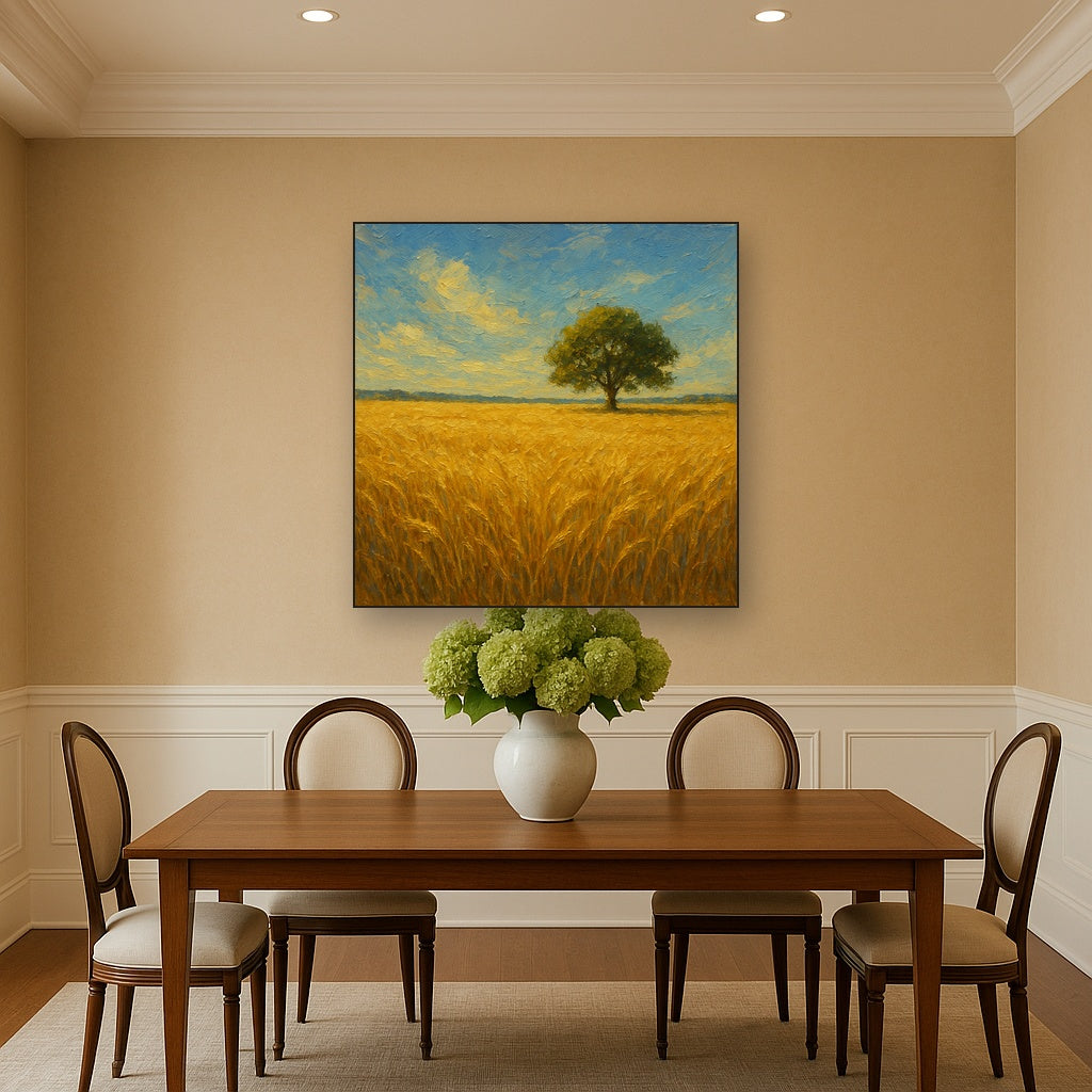 Sun-Drenched Wheat Field & Solitary Tree Oil Painting - Styled in Elegant Dining Room