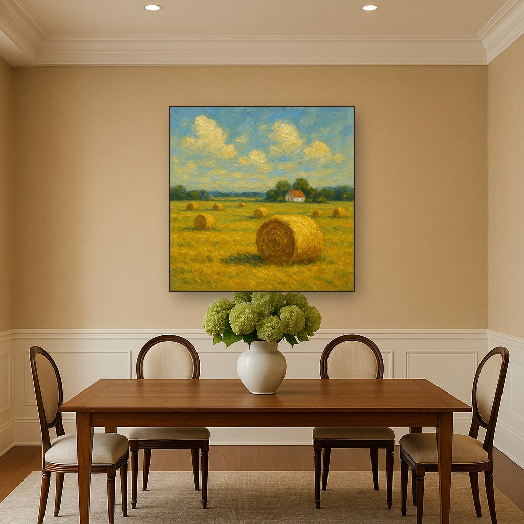 Rolling Meadow Hay Bales Horizon Oil Painting - Styled in Elegant Dining Room