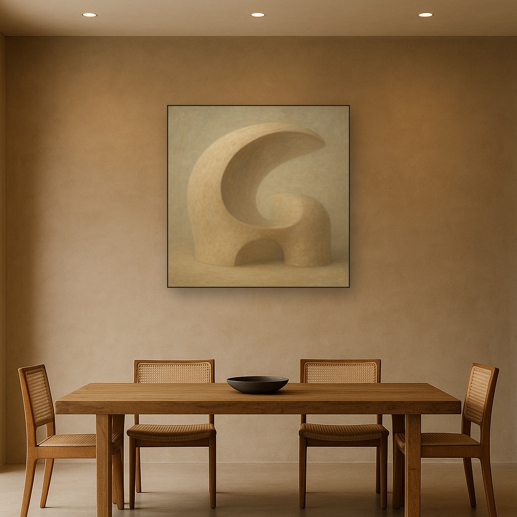 Soft Architectural Curve in Desert Bone No. 29 Oil Painting Staged Above Dining Room Credenza, Elegant Hand Painted Oil Art for Dining Room Walls
