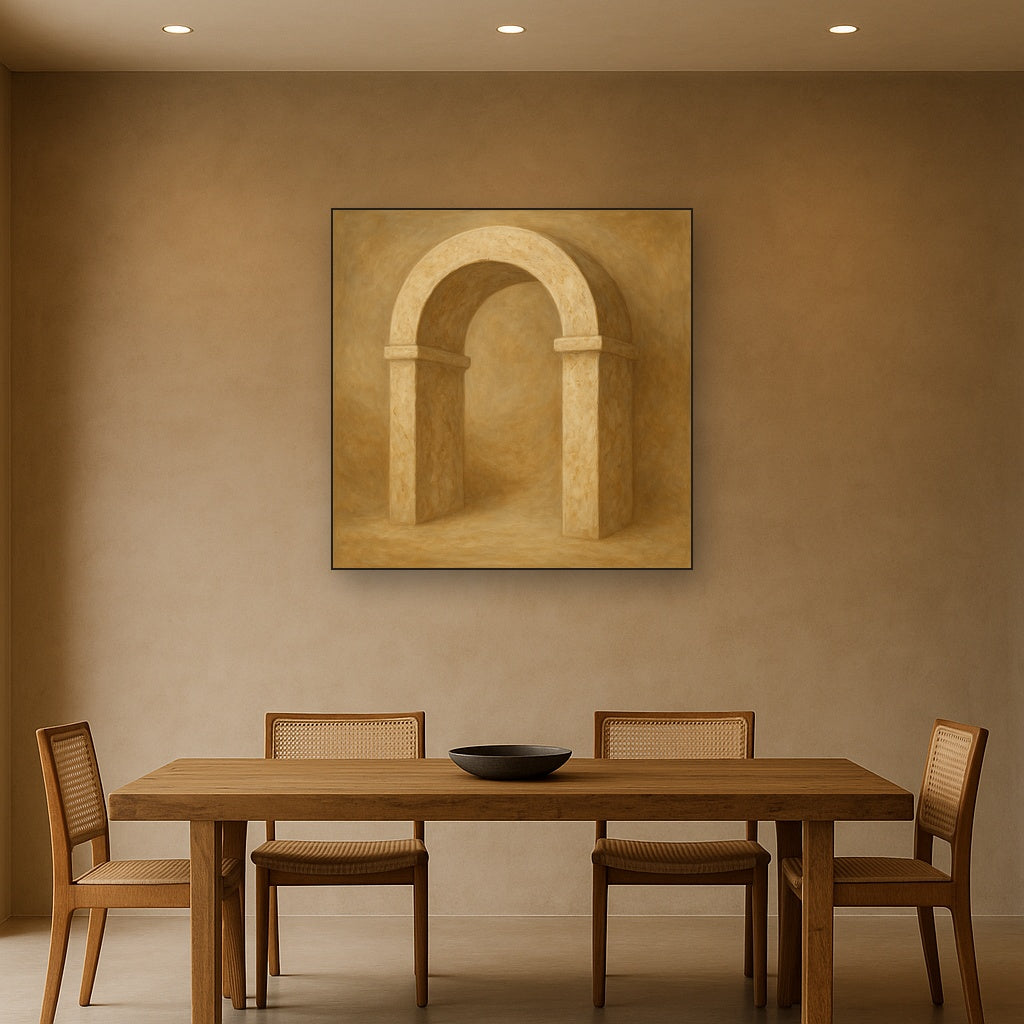 Travertine Stone Arch & Earth Tones No. 3 Oil Painting Staged Above Dining Room Credenza, Elegant Hand Painted Oil Art for Dining Room Walls