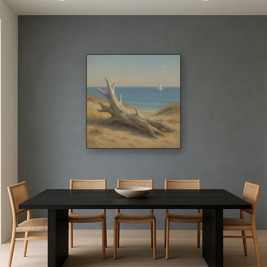 Sun-Bleached Driftwood & Distant Sailboat No. 12 Oil Painting - View 4
