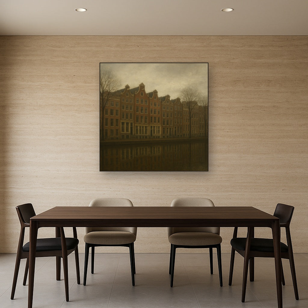 Amsterdam Canal Houses Under Overcast Sky No. 6 Oil Painting Staged Above Dining Room Credenza, Elegant Hand Painted Oil Art for Dining Room Walls