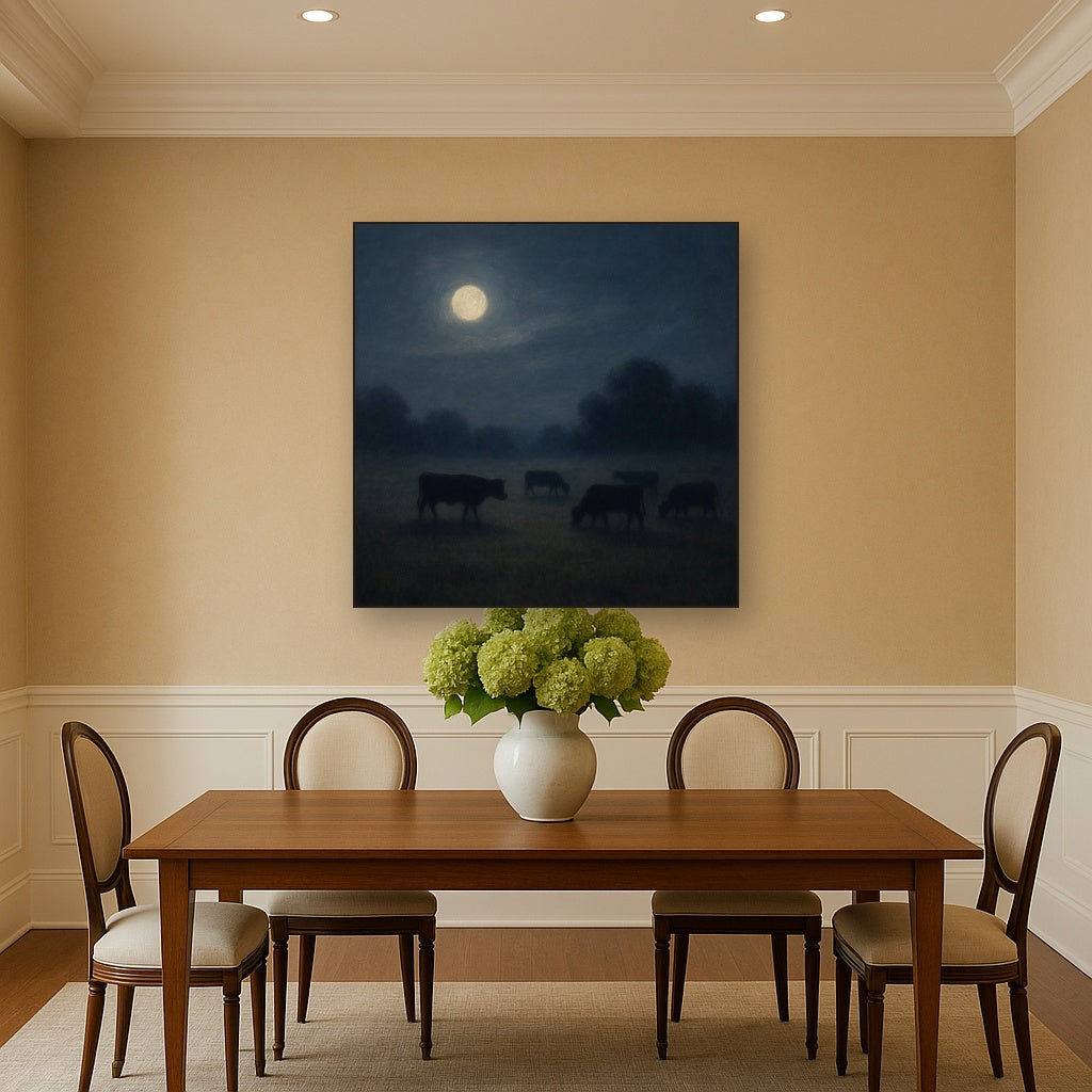 Moonlit Pastoral Meadow & Cattle Silhouettes No. 7 Oil Painting - View 4