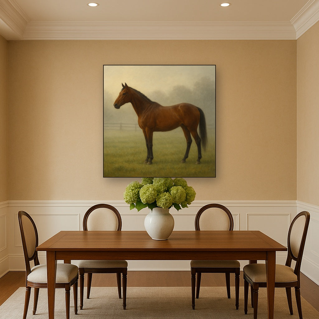 Thoroughbred in Morning Pasture Mist No. 10 Oil Painting - View 4