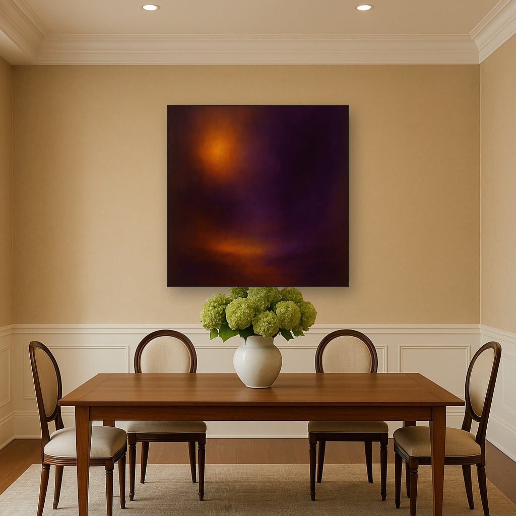 Burnt Amber & Velvet Amethyst Atmosphere No. 15 Oil Painting Staged Above Dining Room Credenza, Elegant Hand Painted Oil Art for Dining Room Walls