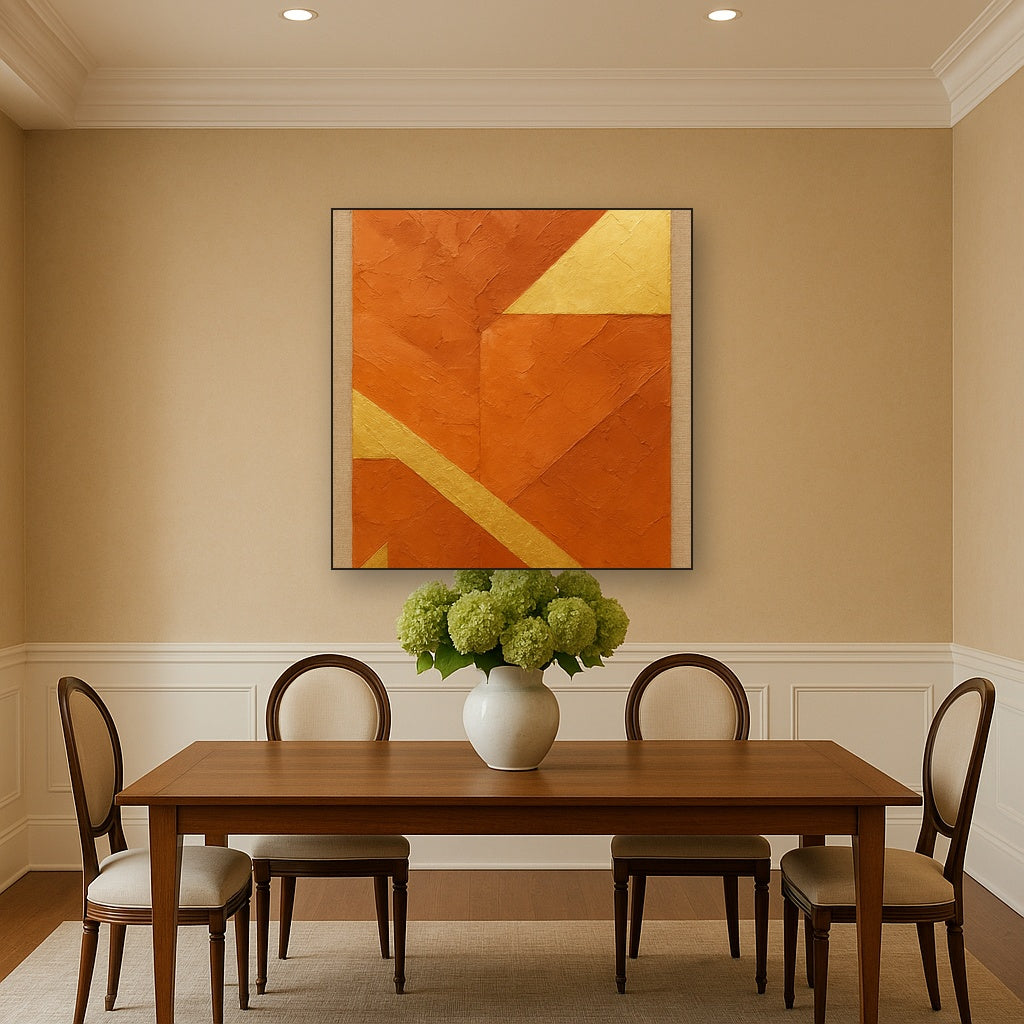 Terracotta & Gilded Leaf Modern Luxury Oil Painting - Styled in Elegant Dining Room