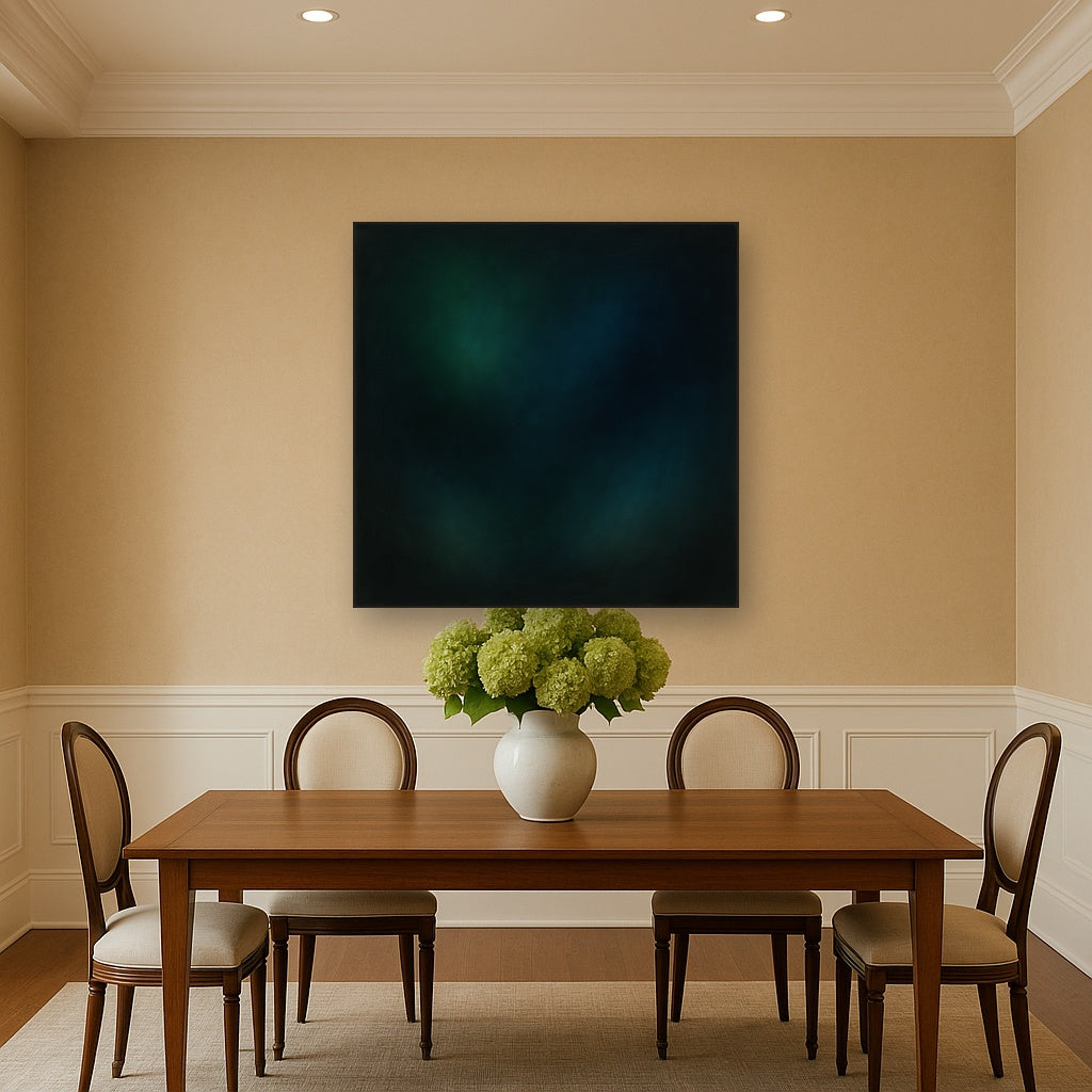 Emerald & Midnight Sapphire Sfumato Immersion No. 2 Oil Painting Staged Above Dining Room Credenza, Elegant Hand Painted Oil Art for Dining Room Walls