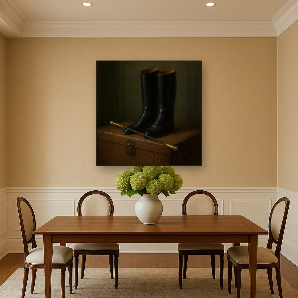 Vintage Riding Boots & Brass Crop on Trunk No. 20 Oil Painting - View 4