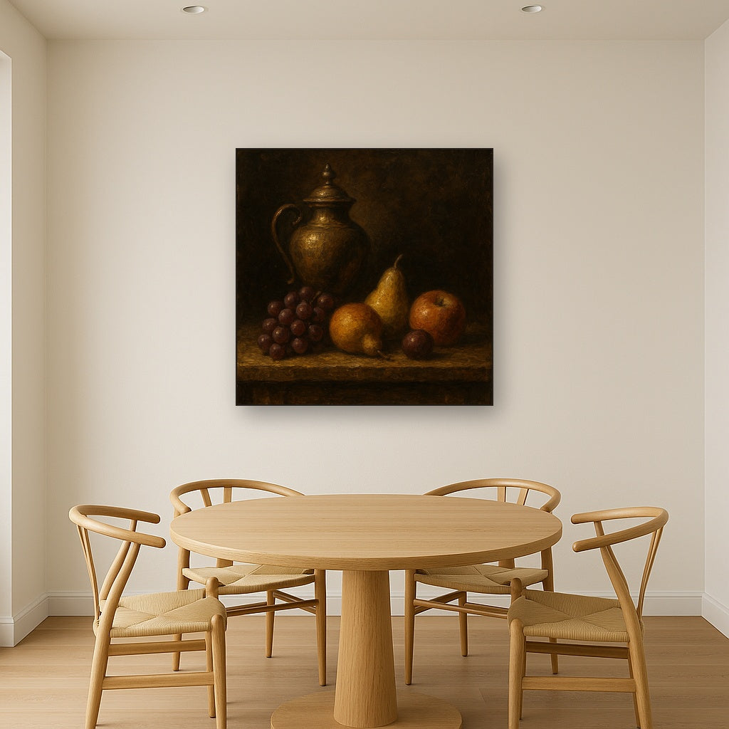 Classical Chiaroscuro Fruit & Urn Still Life No. 2 Oil Painting - Styled in Elegant Dining Room