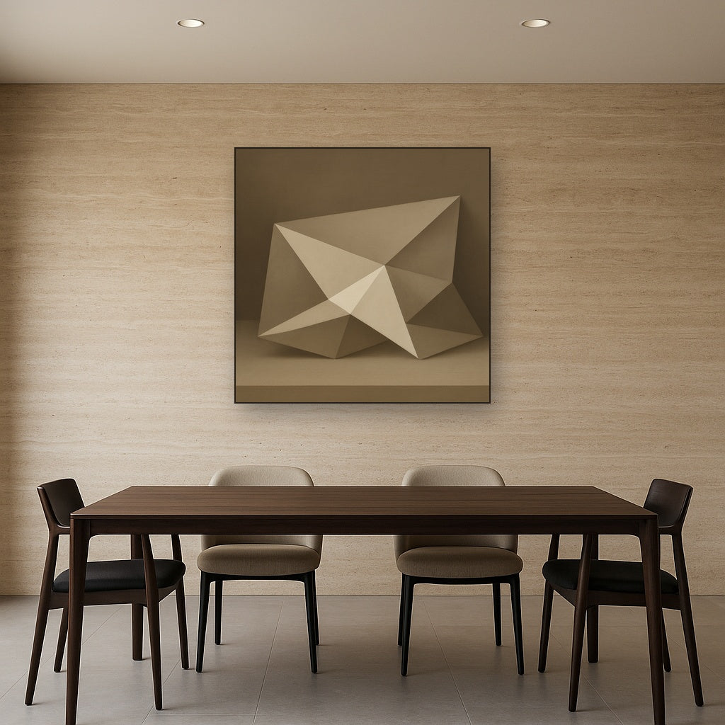 Folded Paper Geometry in Neutral Gradient Shadows No. 24 Oil Painting Staged Above Dining Room Credenza, Elegant Hand Painted Oil Art for Dining Room Walls
