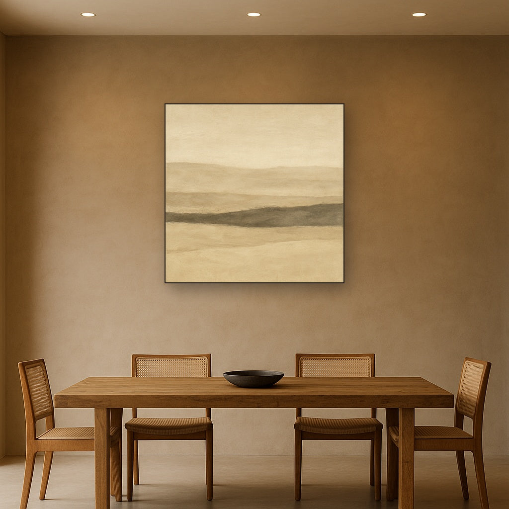Raw Limestone Horizon & Washed Linen No. 18 Oil Painting Staged Above Dining Room Credenza, Elegant Hand Painted Oil Art for Dining Room Walls