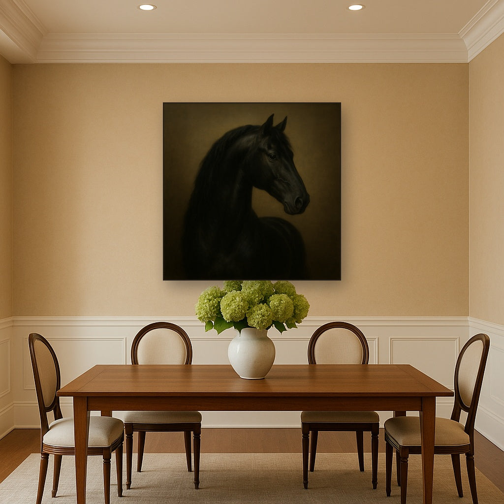 Dark Stallion Portrait in Classical Sfumato No. 18 Oil Painting Staged Above Dining Room Credenza, Elegant Hand Painted Oil Art for Dining Room Walls