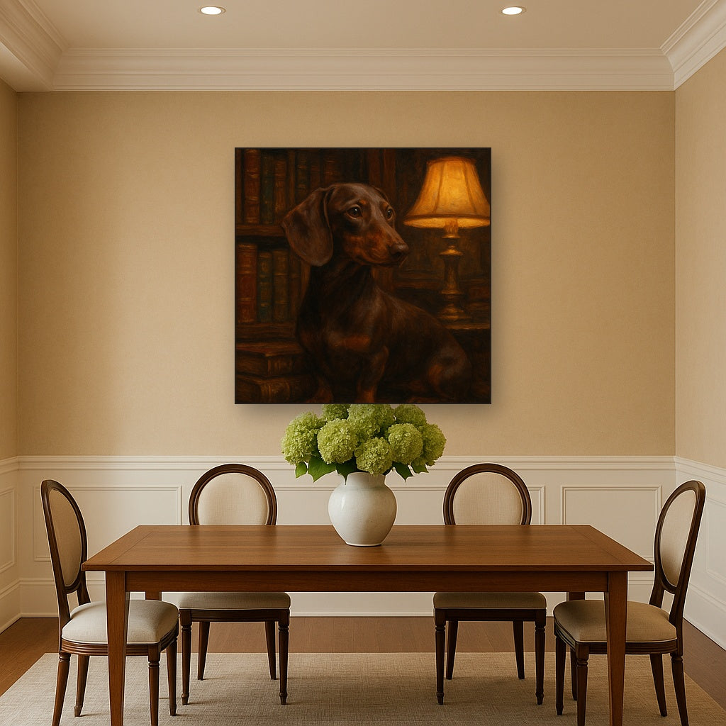 Smooth Dachshund in Moody Library Study No. 6 Fine Art Oil Painting - View 4