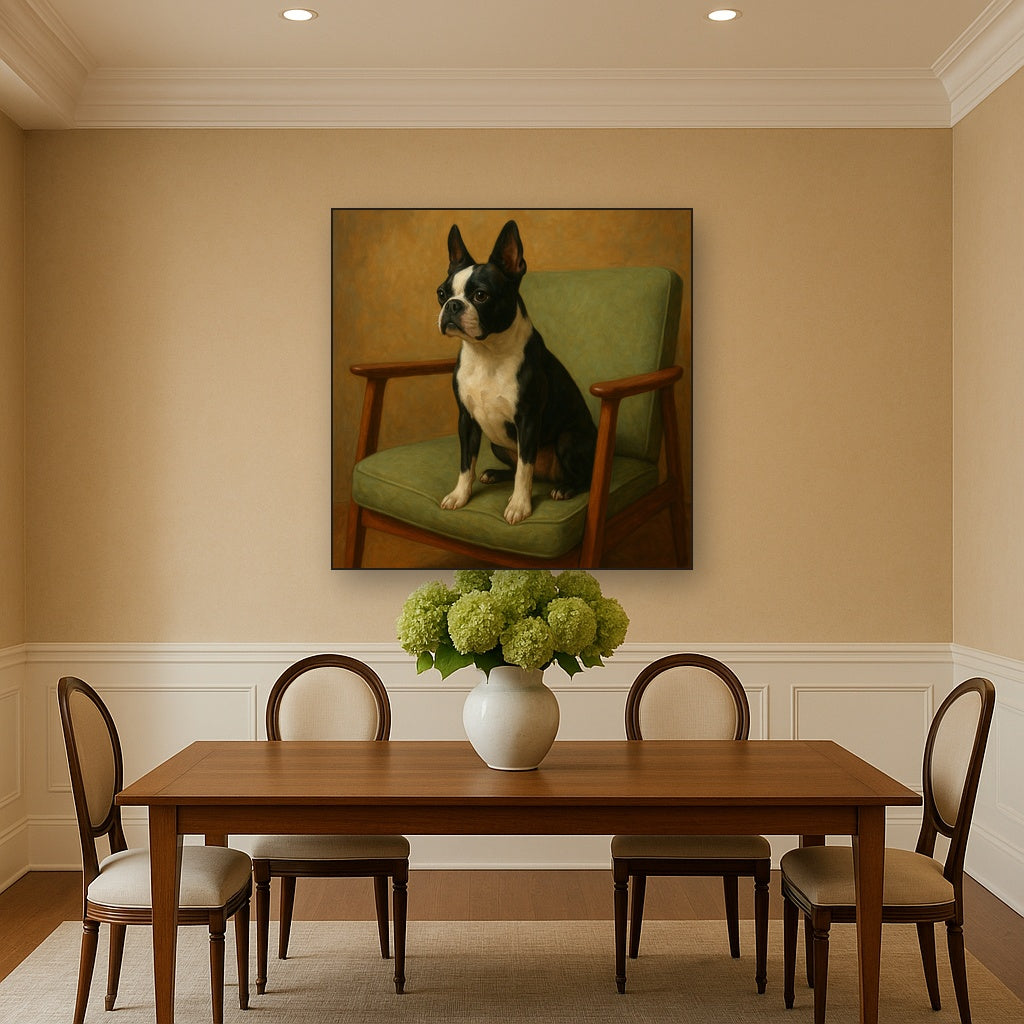 Boston Terrier in Warm Mid-Century Armchair No. 3 Fine Art Oil Painting - View 4