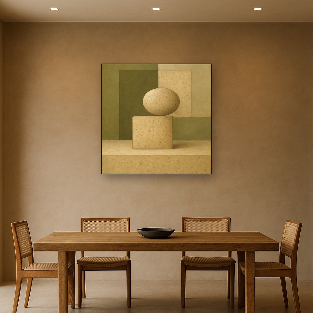 Muted Olive & Sandstone Geometric Balance No. 17 Oil Painting Staged Above Dining Room Credenza, Elegant Hand Painted Oil Art for Dining Room Walls
