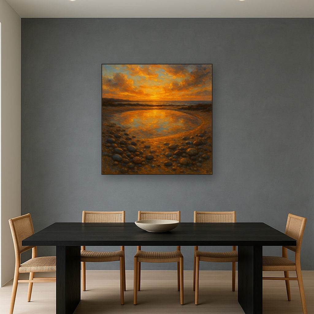 Golden Sunset Tidal Pool Coastal Oil Painting - Styled in Elegant Dining Room