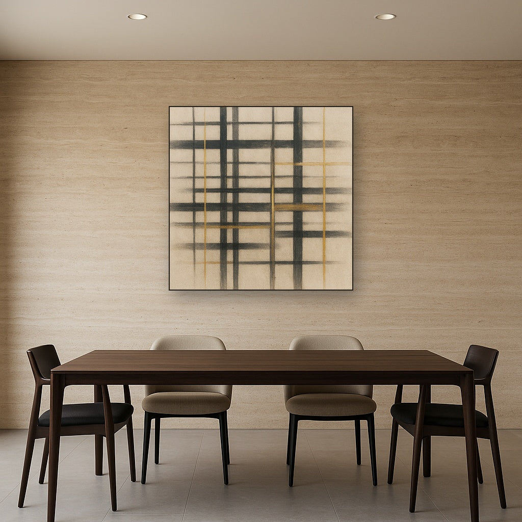 Abstract Woven Line Matrix in Charcoal & Gold No. 15 Fine Art Oil Painting - View 4