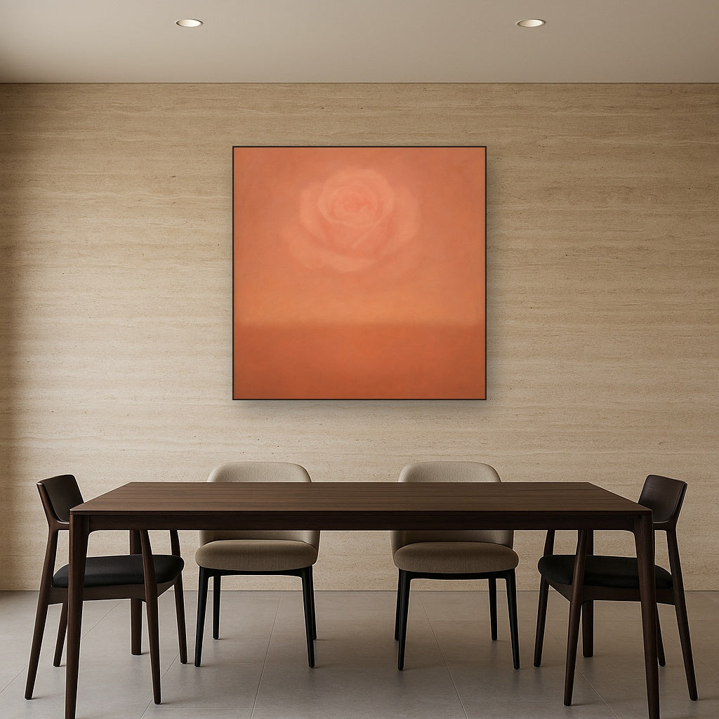 Blush Rose & Dusky Terracotta Ambient Glow No. 9 Oil Painting Staged Above Dining Room Credenza, Elegant Hand Painted Oil Art for Dining Room Walls