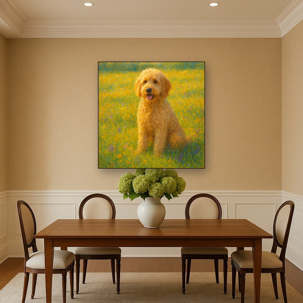 Fluffy Goldendoodle in Sun-Drenched Meadow No. 13 Fine Art Oil Painting - View 4