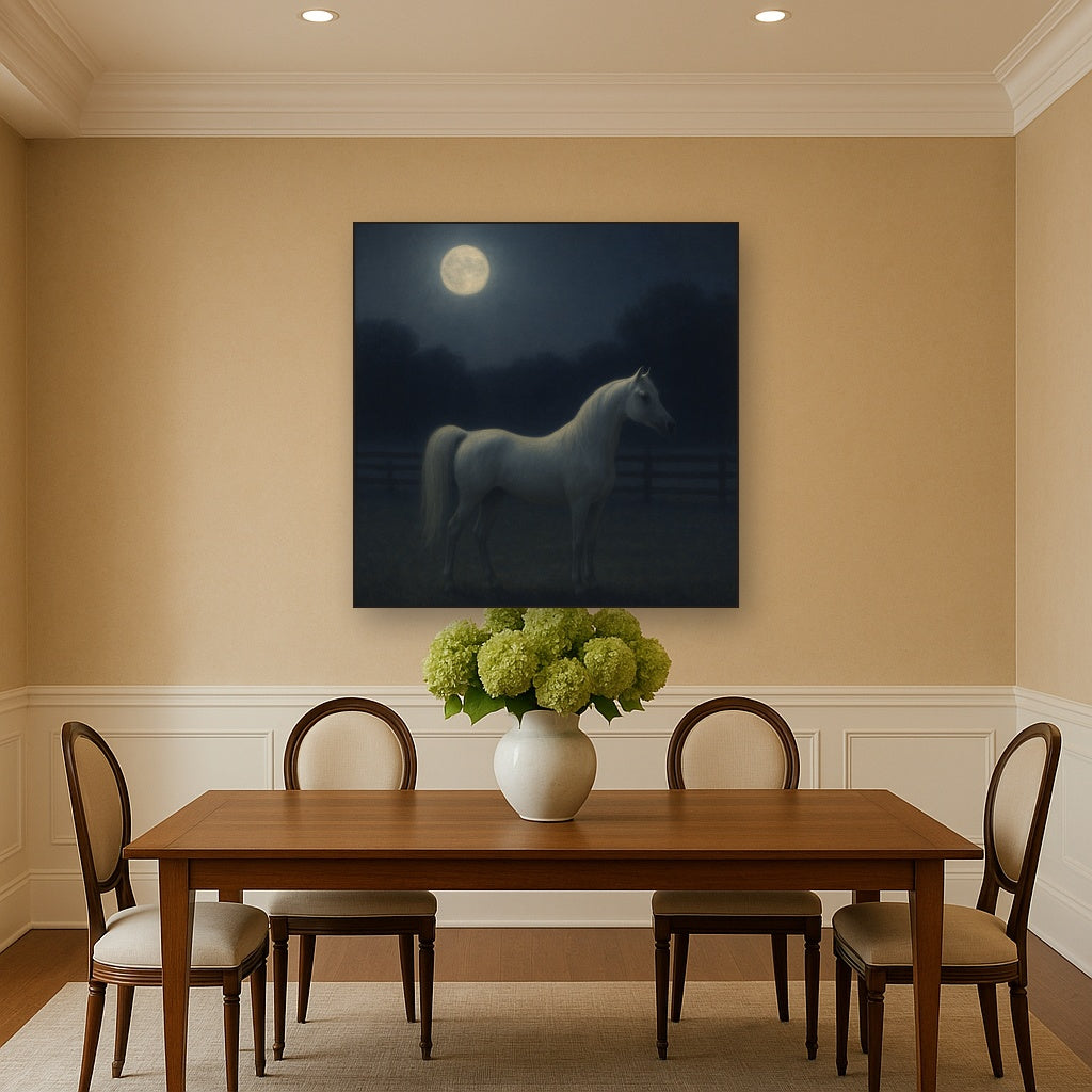 Moonlit Paddock with White Arabian Silhouette No. 20 Oil Painting - View 4