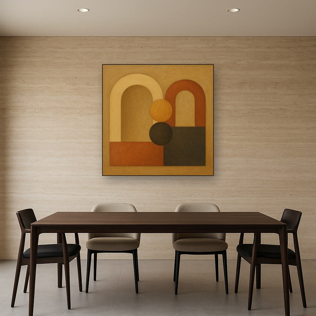 Arch & Circle Equilibrium in Warm Earth Tones No. 12 Oil Painting Staged Above Dining Room Credenza, Elegant Hand Painted Oil Art for Dining Room Walls